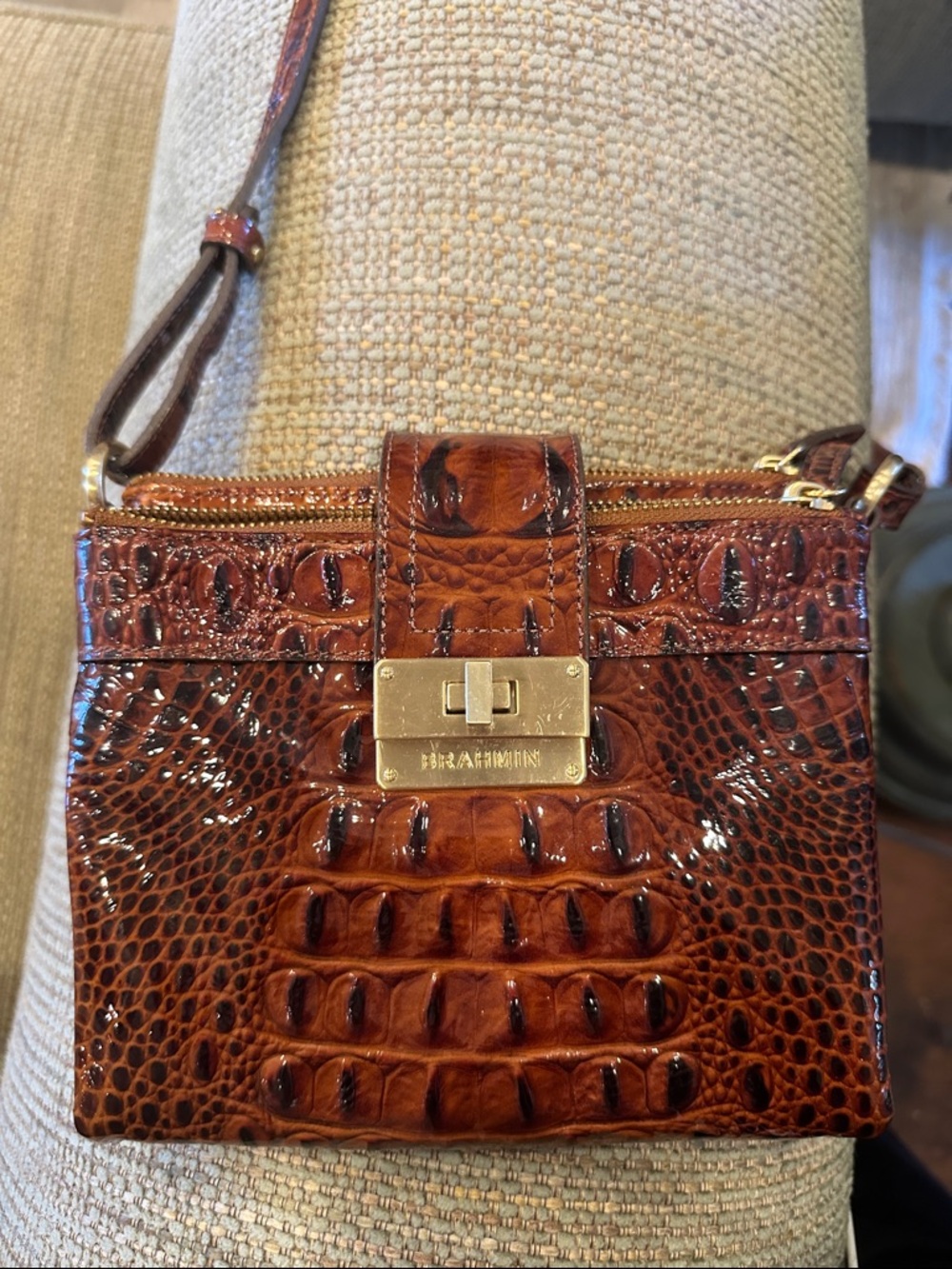 Brahmin Cognac Croc-Embossed Crossbody with Gold Hardware